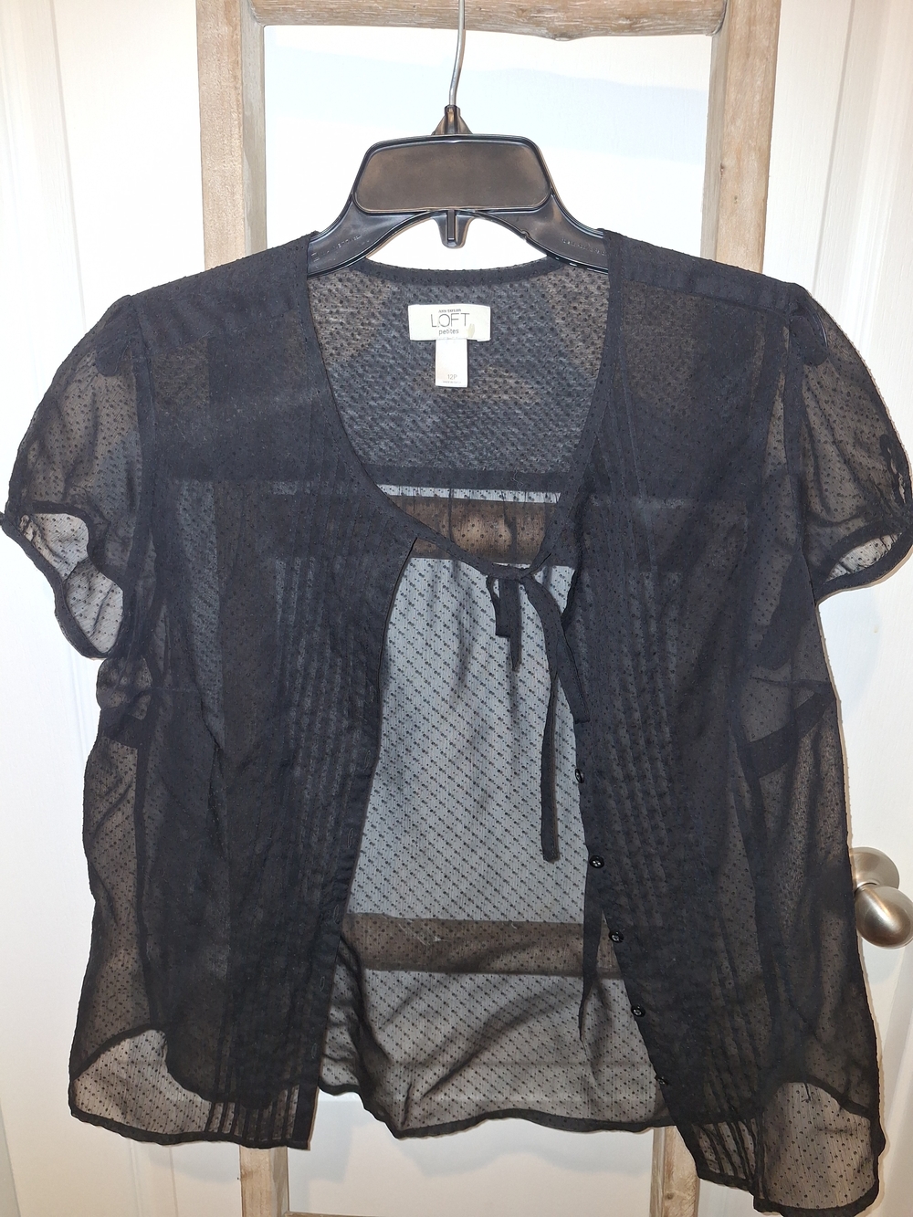 LOFT Black Sheer Dot Tie-Front Blouse